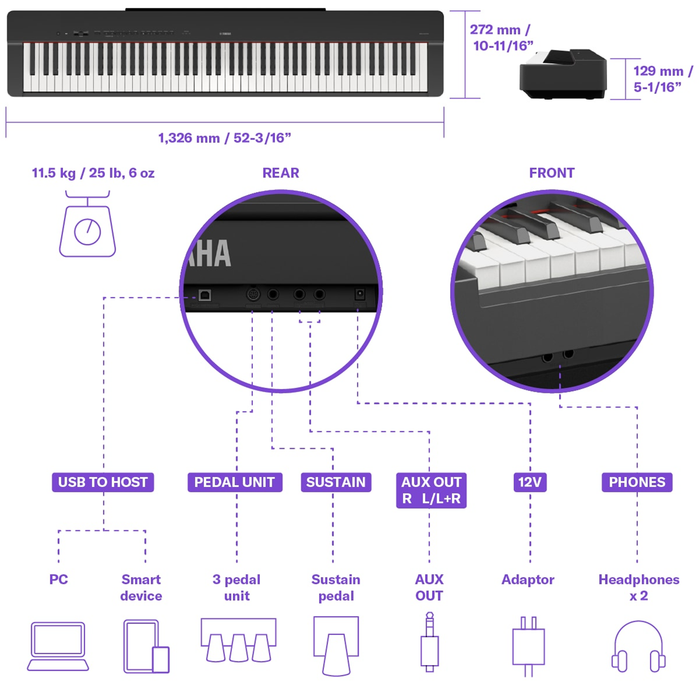 Yamaha P225WH 88-Key Digital Piano - White