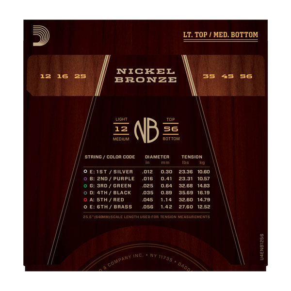 D'Addario NB1256 Nickel Bronze Acoustic Guitar Strings, Light Top / Medium Bottom, 12-56