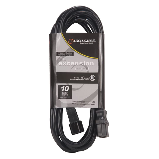 ADJ Accu-Cable ECCOM-10 IEC Male to IEC Female Black AC Extension Cord - 10-Foot