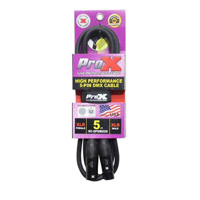 ProX XC-5PDMX05 5 Ft. DMX XLR5-M to XLR5-F High Performance Lighting Cable - New