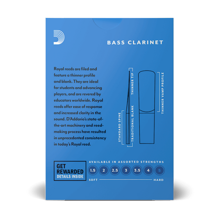 D'Addario REB10 Royal Filed Bass Clarinet Reed 10-Pack - New,2.5