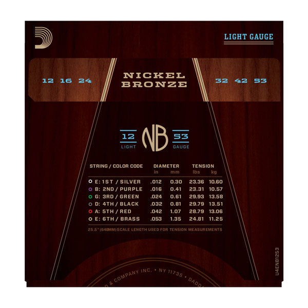 D'Addario NB1253 Nickel Bronze Acoustic Guitar Strings, Light, 12-53