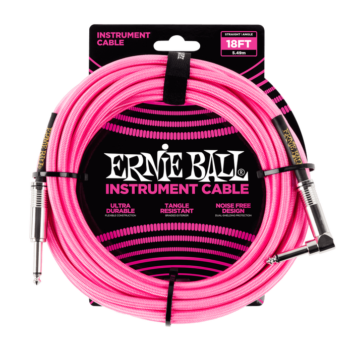 Ernie Ball P06083 Braided Straight to Right Angle Instrument Cable - 18-Foot Neon Pink