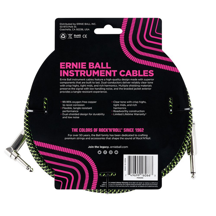 Ernie Ball 25 Foot Braided Instrument Cable - Straight to Angled, Green & Black