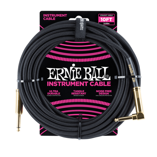 Ernie Ball P06081 Braided Straight to Right Angle Instrument Cable - 10-Foot Black with Gold Connectors
