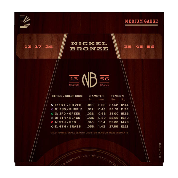 D'Addario NB1356 Nickel Bronze Acoustic Guitar Strings, Medium, 13-56