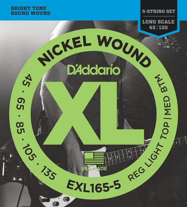 D'Addario EXL165-5 5-String Nickel Wound Bass Guitar Strings, Custom Light, 45-135, Long Scale