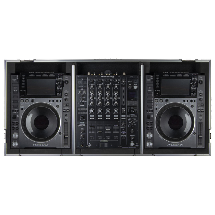 Odyssey FZGSL12CDJWR Black Low Profile 12" Format DJ Mixer and Two Large Format Media Players Flight Coffin Case with Wheels and Glide Platform