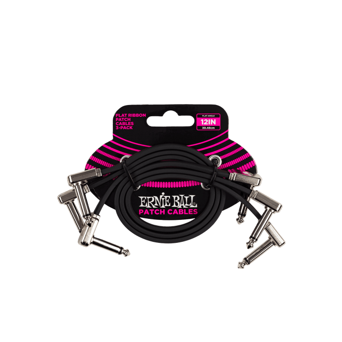 Ernie Ball P06222 Flat Ribbon Pedalboard Patch Cable - Right Angle to Right Angle - 12 inch (3-pack)